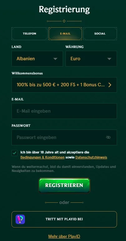 Casinia Casino Registrierung